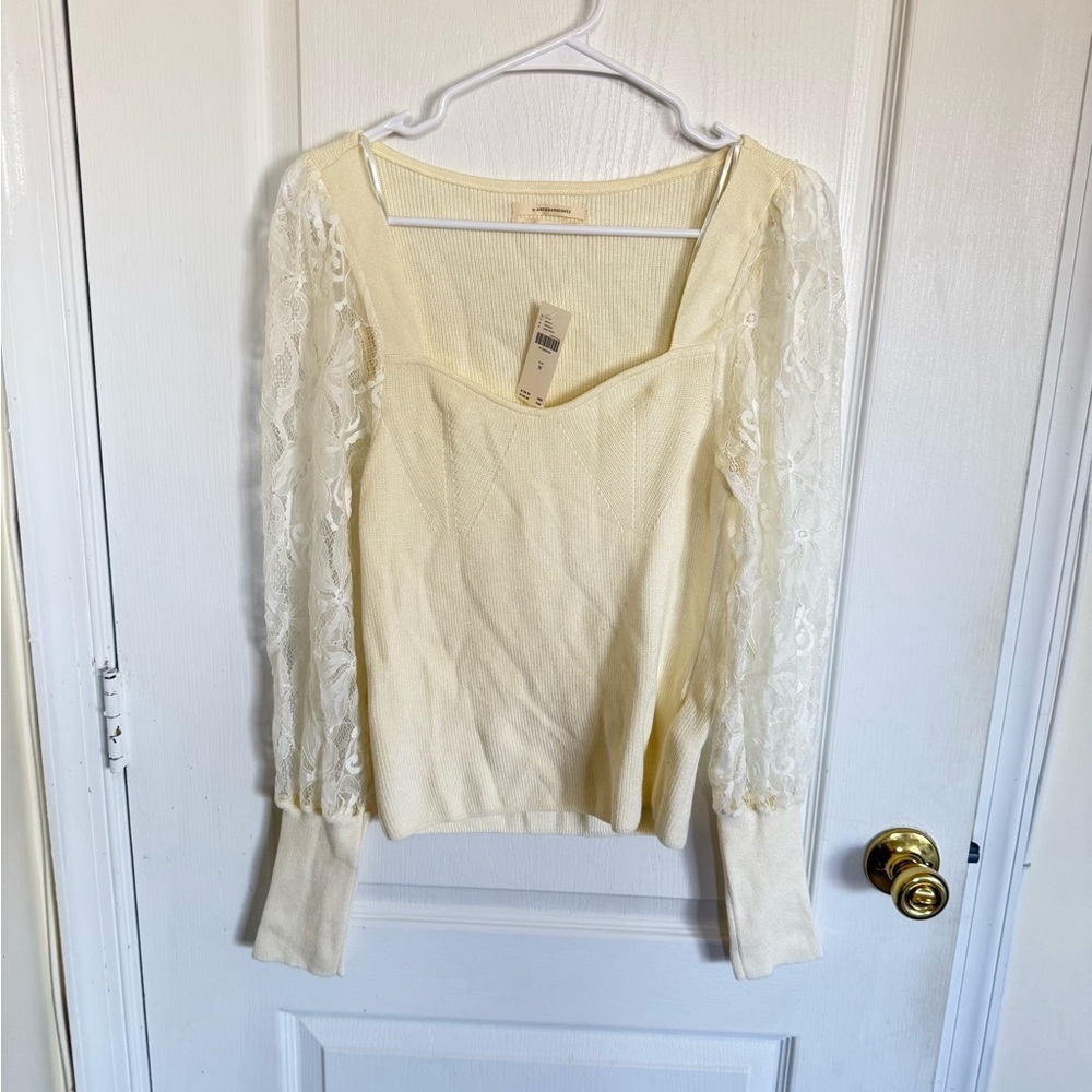 Anthropologie NEW Lace Sleeve Cream Sweater Top - Picture 3 of 7